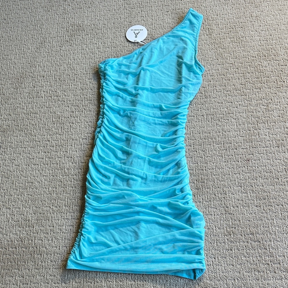 Anrabess One Shoulder Aqua Blue Short Cocktail Mini Dress Small Womens